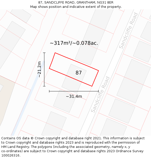 87, SANDCLIFFE ROAD, GRANTHAM, NG31 8ER: Plot and title map