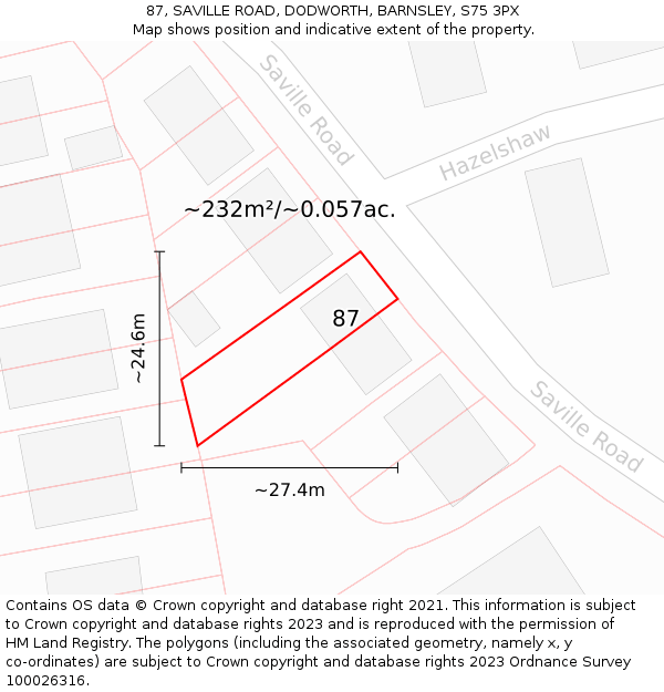 87, SAVILLE ROAD, DODWORTH, BARNSLEY, S75 3PX: Plot and title map