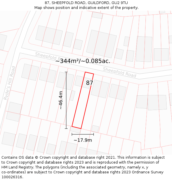 87, SHEEPFOLD ROAD, GUILDFORD, GU2 9TU: Plot and title map