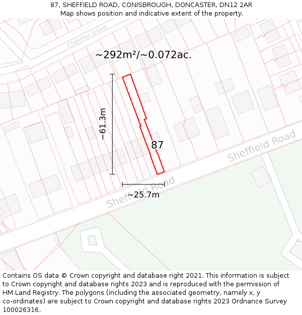 87, SHEFFIELD ROAD, CONISBROUGH, DONCASTER, DN12 2AR: Plot and title map