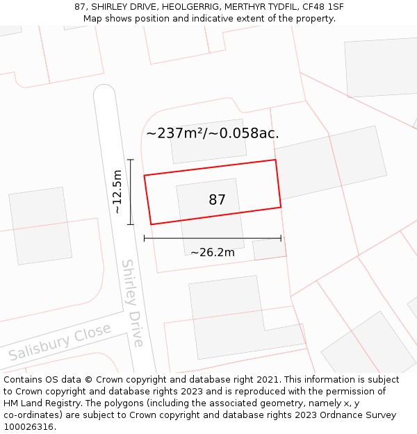 87, SHIRLEY DRIVE, HEOLGERRIG, MERTHYR TYDFIL, CF48 1SF: Plot and title map