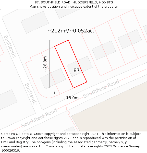87, SOUTHFIELD ROAD, HUDDERSFIELD, HD5 8TG: Plot and title map