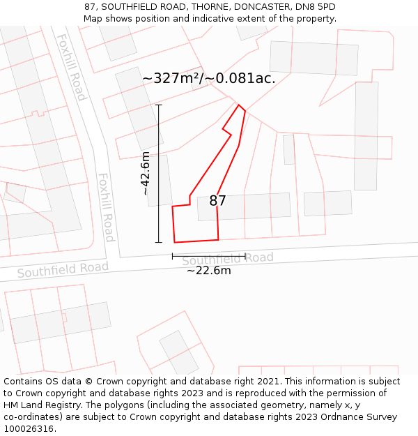 87, SOUTHFIELD ROAD, THORNE, DONCASTER, DN8 5PD: Plot and title map
