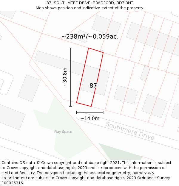 87, SOUTHMERE DRIVE, BRADFORD, BD7 3NT: Plot and title map