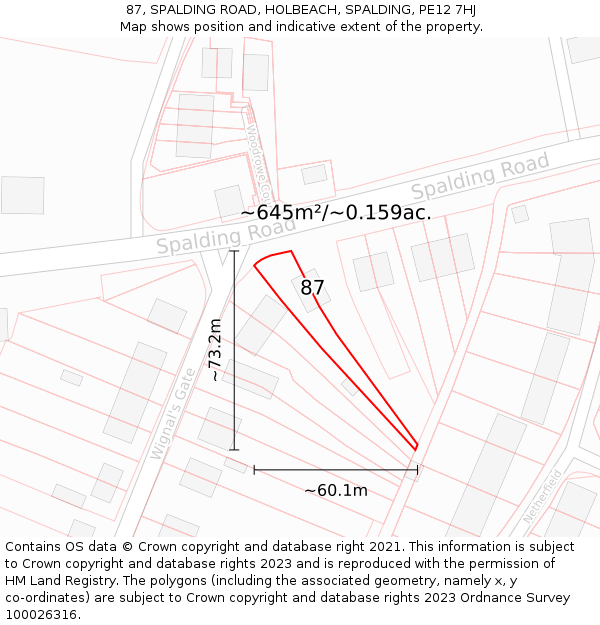 87, SPALDING ROAD, HOLBEACH, SPALDING, PE12 7HJ: Plot and title map
