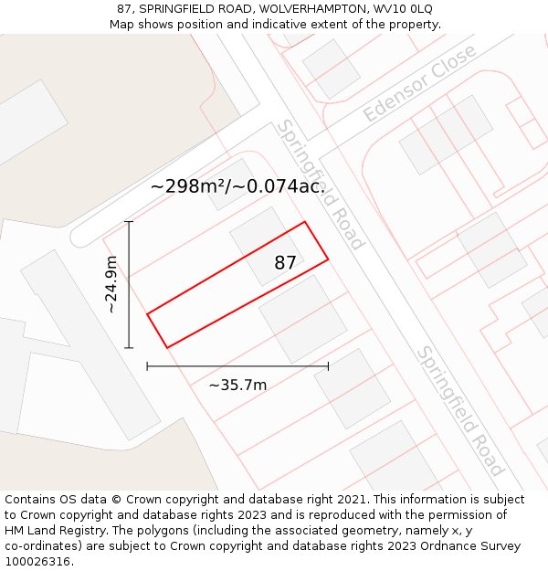 87, SPRINGFIELD ROAD, WOLVERHAMPTON, WV10 0LQ: Plot and title map