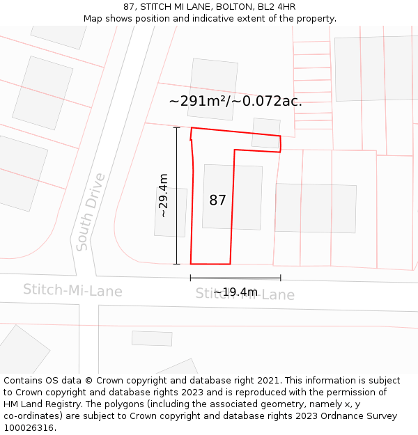 87, STITCH MI LANE, BOLTON, BL2 4HR: Plot and title map