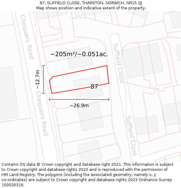 87, SUFFIELD CLOSE, THARSTON, NORWICH, NR15 2JJ: Plot and title map
