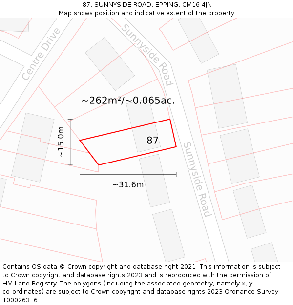 87, SUNNYSIDE ROAD, EPPING, CM16 4JN: Plot and title map