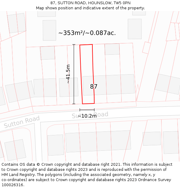 87, SUTTON ROAD, HOUNSLOW, TW5 0PN: Plot and title map