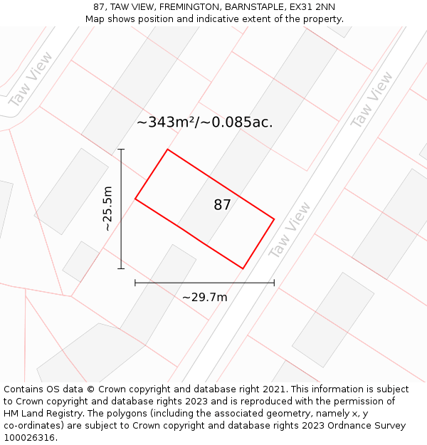 87, TAW VIEW, FREMINGTON, BARNSTAPLE, EX31 2NN: Plot and title map