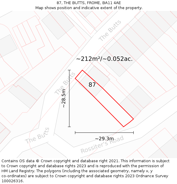 87, THE BUTTS, FROME, BA11 4AE: Plot and title map