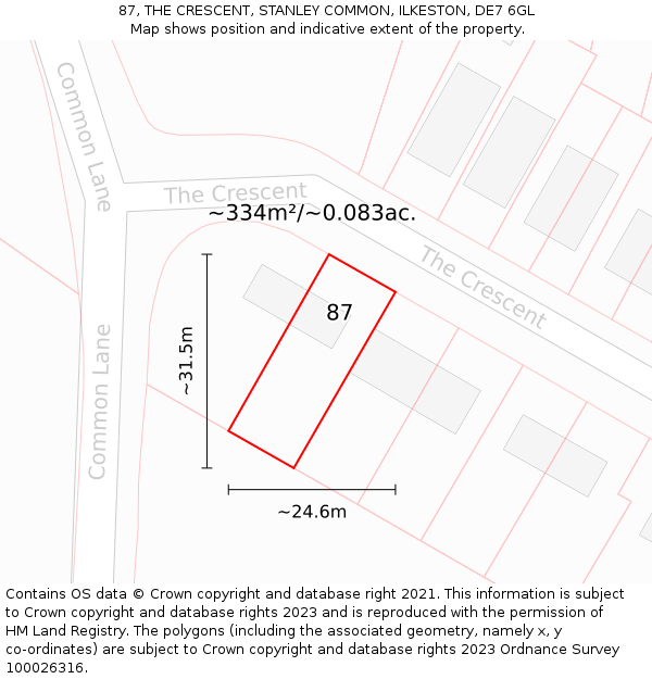 87, THE CRESCENT, STANLEY COMMON, ILKESTON, DE7 6GL: Plot and title map