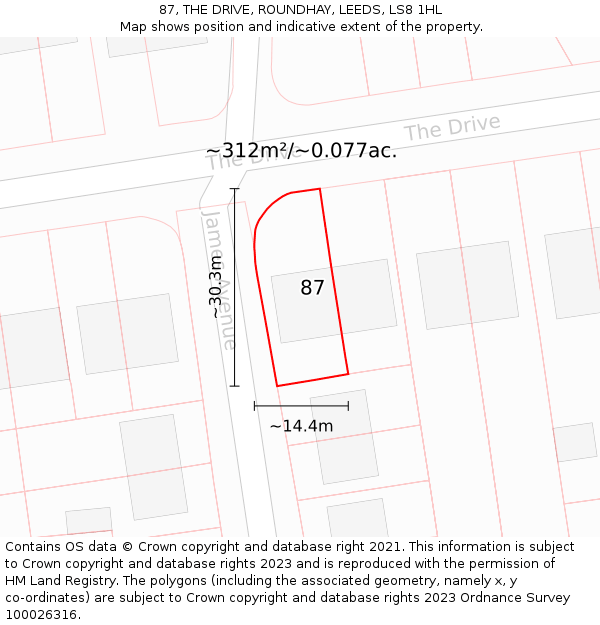 87, THE DRIVE, ROUNDHAY, LEEDS, LS8 1HL: Plot and title map