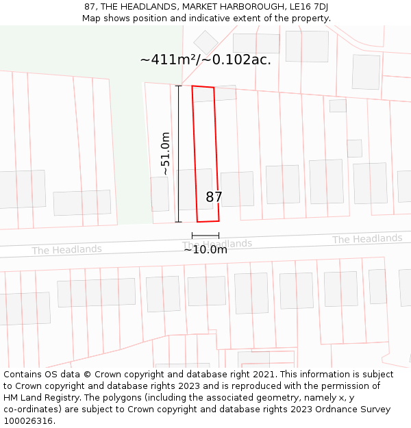 87, THE HEADLANDS, MARKET HARBOROUGH, LE16 7DJ: Plot and title map