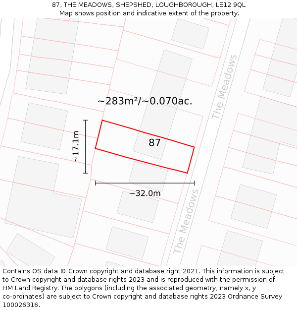 87, THE MEADOWS, SHEPSHED, LOUGHBOROUGH, LE12 9QL: Plot and title map
