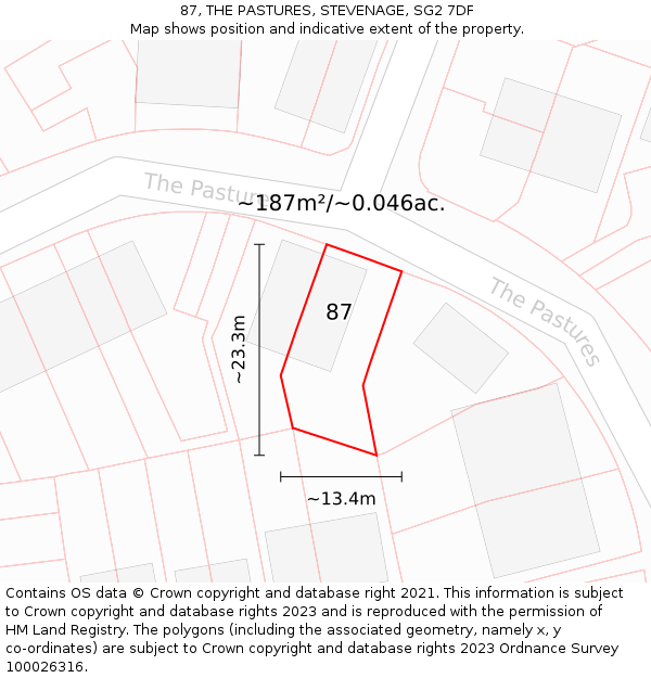 87, THE PASTURES, STEVENAGE, SG2 7DF: Plot and title map