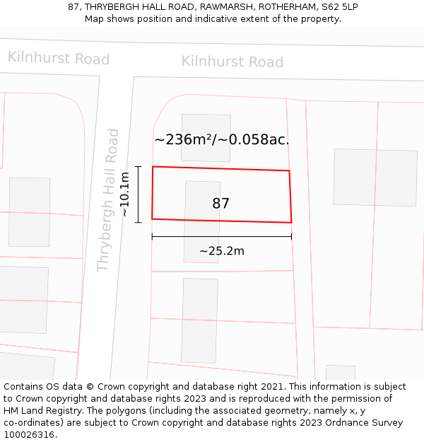 87, THRYBERGH HALL ROAD, RAWMARSH, ROTHERHAM, S62 5LP: Plot and title map