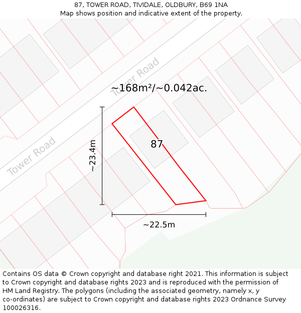 87, TOWER ROAD, TIVIDALE, OLDBURY, B69 1NA: Plot and title map