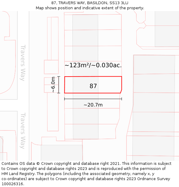 87, TRAVERS WAY, BASILDON, SS13 3LU: Plot and title map