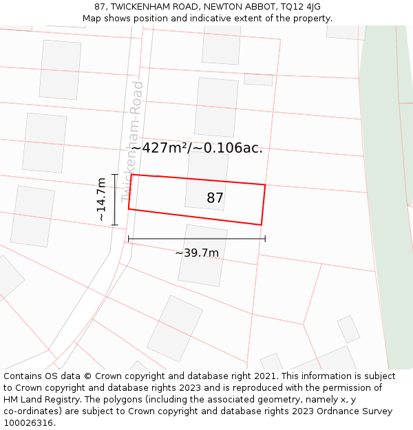 87, TWICKENHAM ROAD, NEWTON ABBOT, TQ12 4JG: Plot and title map