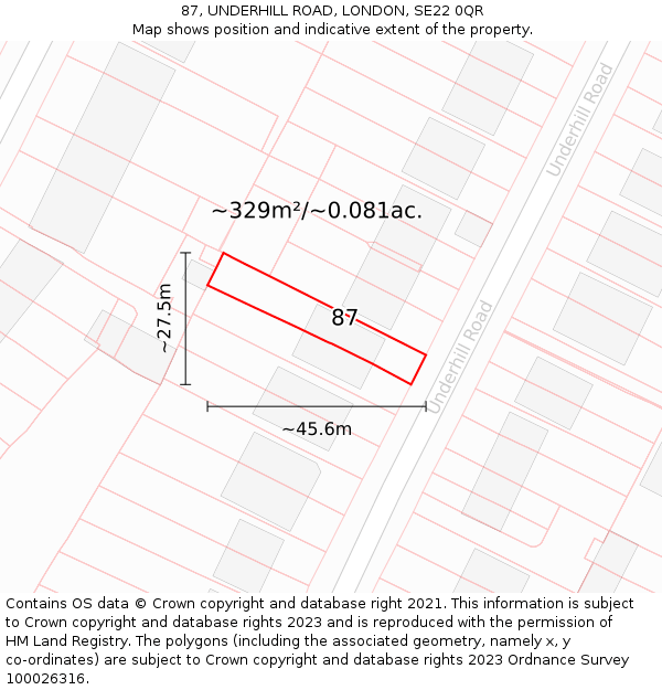 87, UNDERHILL ROAD, LONDON, SE22 0QR: Plot and title map