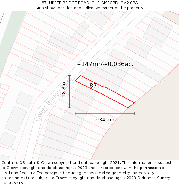 87, UPPER BRIDGE ROAD, CHELMSFORD, CM2 0BA: Plot and title map