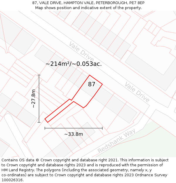 87, VALE DRIVE, HAMPTON VALE, PETERBOROUGH, PE7 8EP: Plot and title map