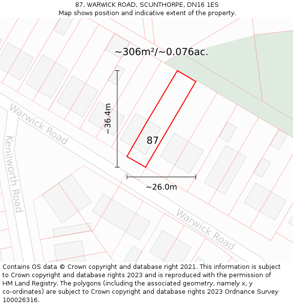 87, WARWICK ROAD, SCUNTHORPE, DN16 1ES: Plot and title map