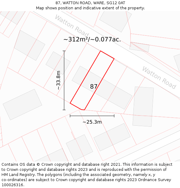 87, WATTON ROAD, WARE, SG12 0AT: Plot and title map