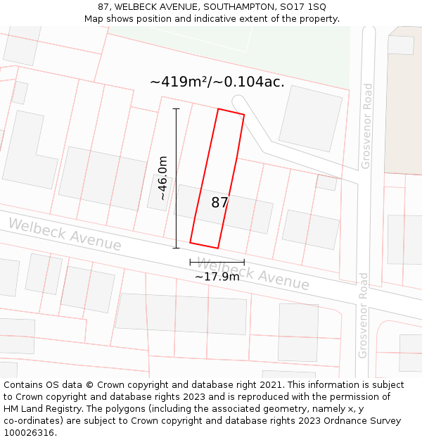 87, WELBECK AVENUE, SOUTHAMPTON, SO17 1SQ: Plot and title map