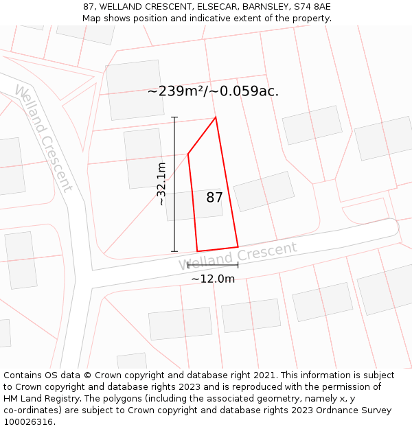 87, WELLAND CRESCENT, ELSECAR, BARNSLEY, S74 8AE: Plot and title map