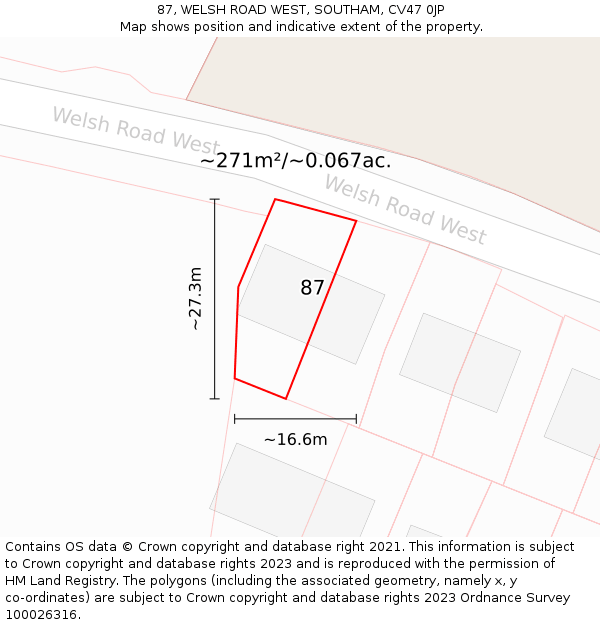 87, WELSH ROAD WEST, SOUTHAM, CV47 0JP: Plot and title map