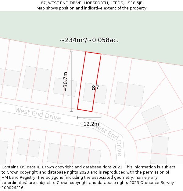 87, WEST END DRIVE, HORSFORTH, LEEDS, LS18 5JR: Plot and title map