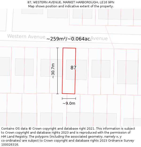 87, WESTERN AVENUE, MARKET HARBOROUGH, LE16 9PN: Plot and title map