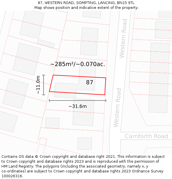 87, WESTERN ROAD, SOMPTING, LANCING, BN15 9TL: Plot and title map