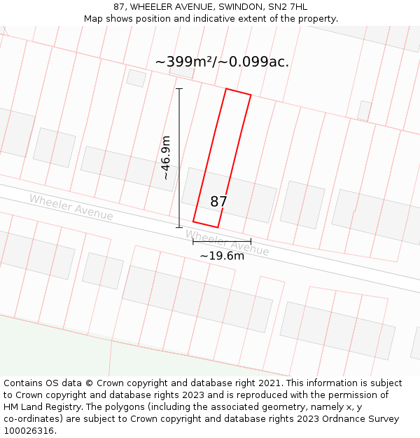 87, WHEELER AVENUE, SWINDON, SN2 7HL: Plot and title map
