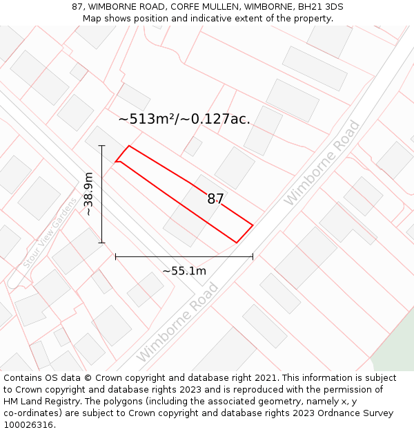 87, WIMBORNE ROAD, CORFE MULLEN, WIMBORNE, BH21 3DS: Plot and title map
