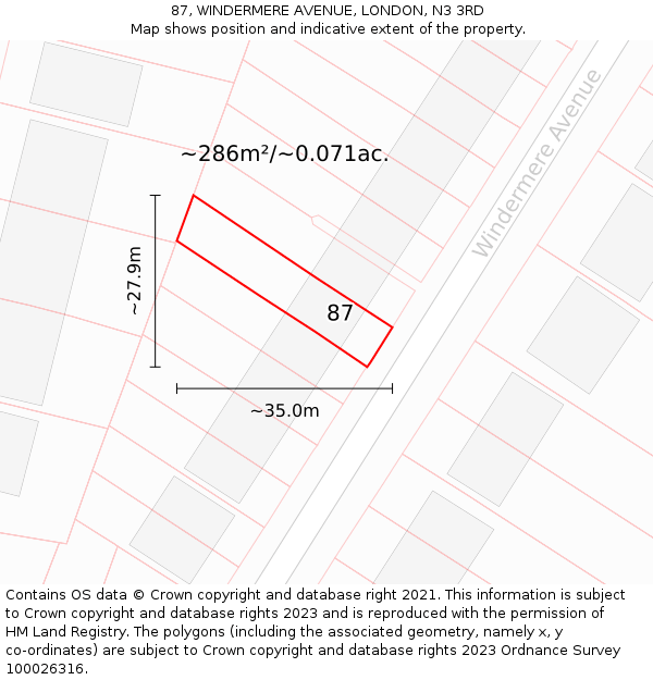 87, WINDERMERE AVENUE, LONDON, N3 3RD: Plot and title map