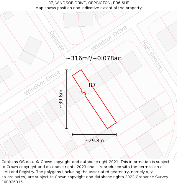 87, WINDSOR DRIVE, ORPINGTON, BR6 6HE: Plot and title map