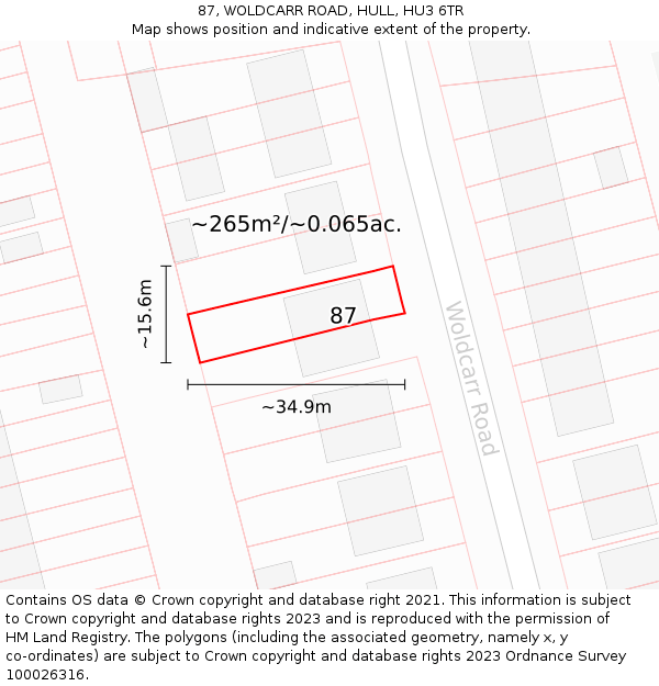 87, WOLDCARR ROAD, HULL, HU3 6TR: Plot and title map