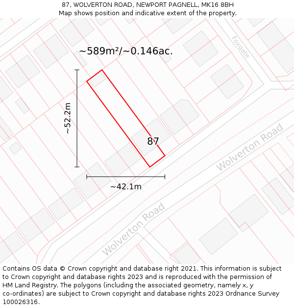 87, WOLVERTON ROAD, NEWPORT PAGNELL, MK16 8BH: Plot and title map