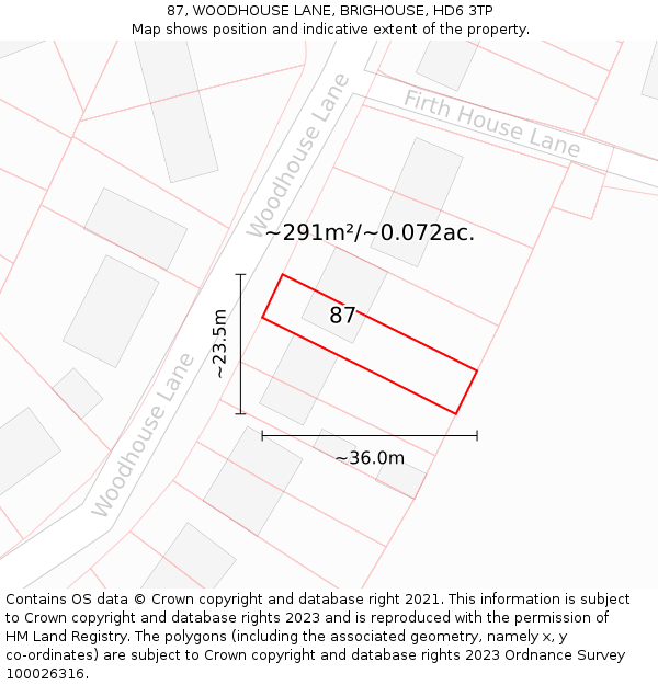 87, WOODHOUSE LANE, BRIGHOUSE, HD6 3TP: Plot and title map