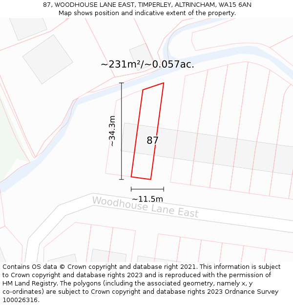 87, WOODHOUSE LANE EAST, TIMPERLEY, ALTRINCHAM, WA15 6AN: Plot and title map