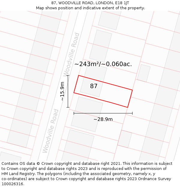 87, WOODVILLE ROAD, LONDON, E18 1JT: Plot and title map
