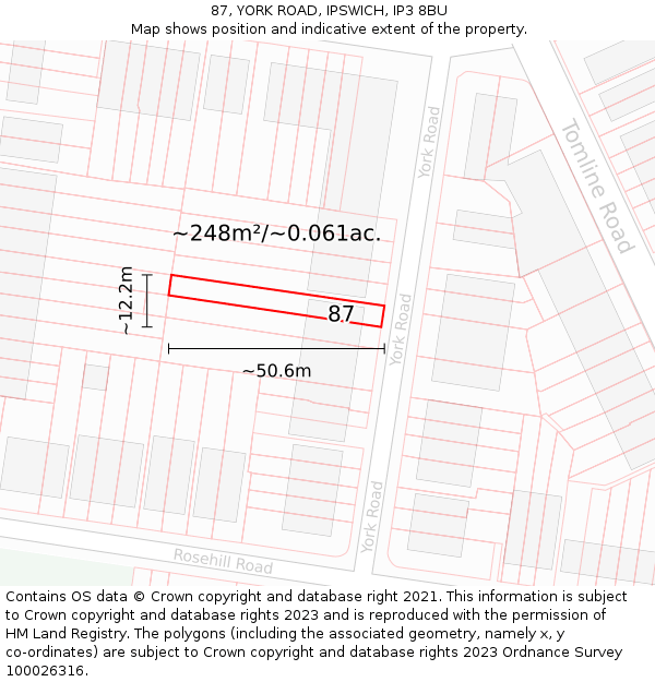 87, YORK ROAD, IPSWICH, IP3 8BU: Plot and title map