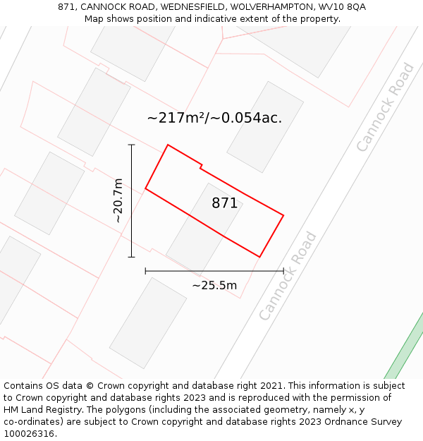 871, CANNOCK ROAD, WEDNESFIELD, WOLVERHAMPTON, WV10 8QA: Plot and title map