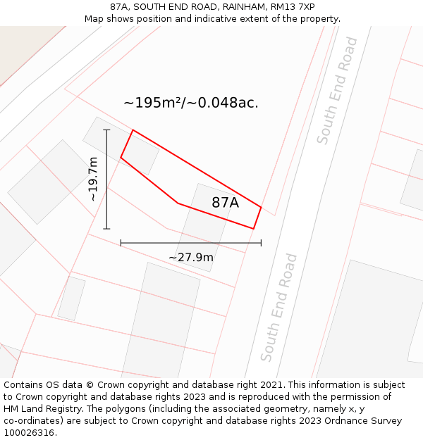 87A, SOUTH END ROAD, RAINHAM, RM13 7XP: Plot and title map