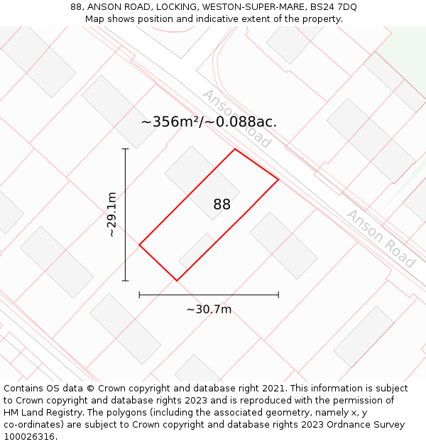 88, ANSON ROAD, LOCKING, WESTON-SUPER-MARE, BS24 7DQ: Plot and title map