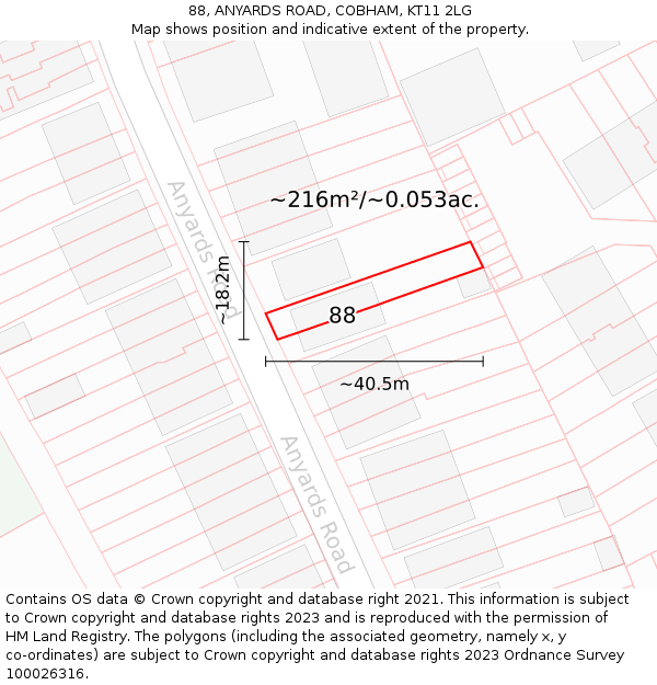 88, ANYARDS ROAD, COBHAM, KT11 2LG: Plot and title map